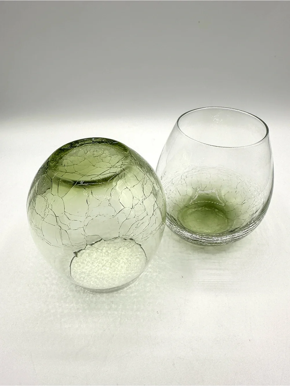 2- Pier 1 Crackle Stemless Wine Glasses, Green Ombre